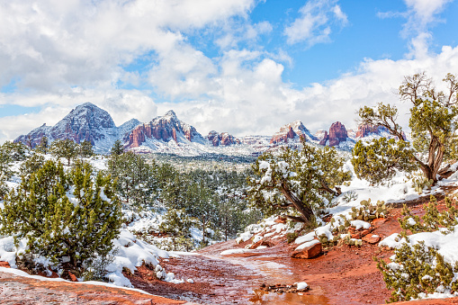 View of Zion Canyon walls near the Temple of Sinawava in Zion National Park Utah at viewpoint and parking along the Virgin River