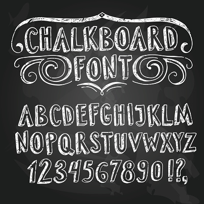 Hand drawn decorative set of  sketchy chalkboard ABC letters and figures on textured blackboard background. Hand drawn fonts for your design.