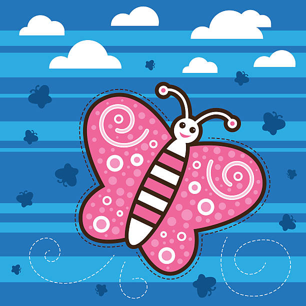 Pink butterfly is flying in the blue sky vector art illustration