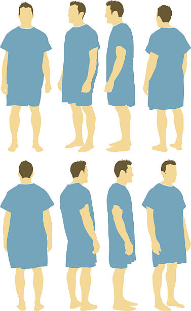 ilustraciones, imágenes clip art, dibujos animados e iconos de stock de diversas vistas del hombre en traje de hospital - examination gown