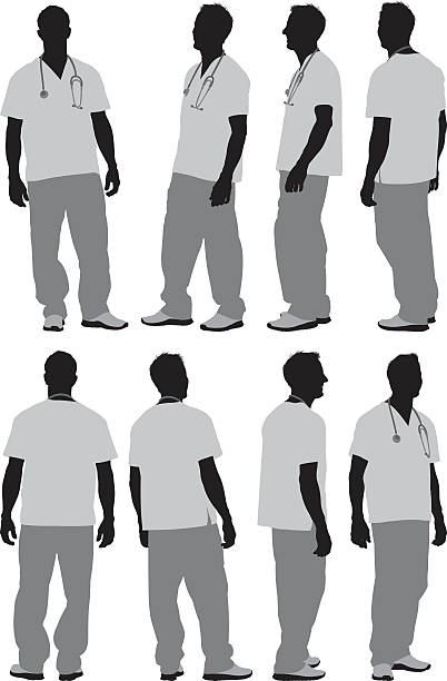 illustrazioni stock, clip art, cartoni animati e icone di tendenza di varie viste di infermiere uomo - side view nurse white background full length