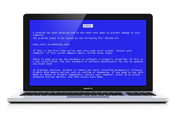 Laptop with OS blue critical error screen http://dl.dropbox.com/s/411sgflctjdsm6b/Mob_s.jpg debug stock pictures, royalty-free photos & images