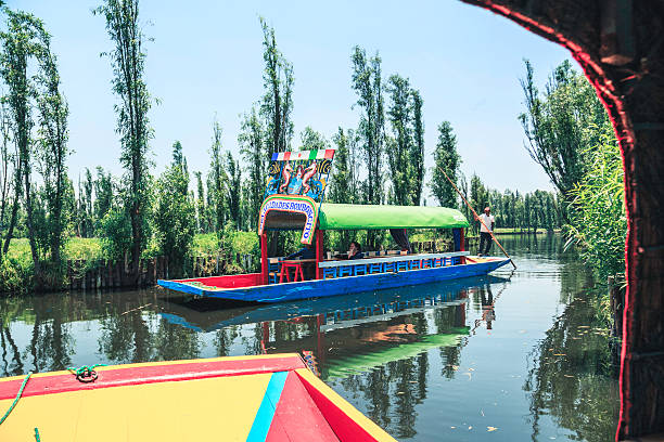 Trajinera Boats In The Canals, Xochimilco - Mexico City Mexico City, Mexico - May 1, 2016: Trajinera boats in the canals of Xochimilco, in a sunny afternoon of spring. One colorful boat seen from another one. trajinera stock pictures, royalty-free photos & images