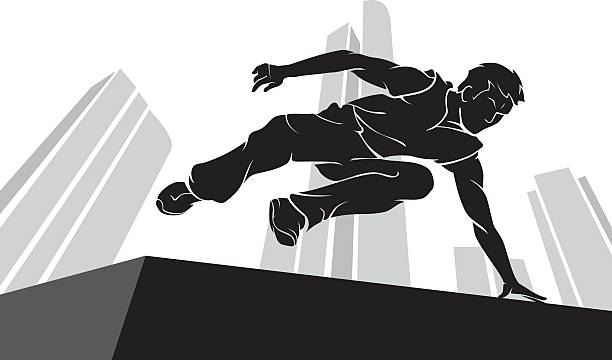 ilustraciones, imágenes clip art, dibujos animados e iconos de stock de salto de parkour silueta - carrera urbana libre