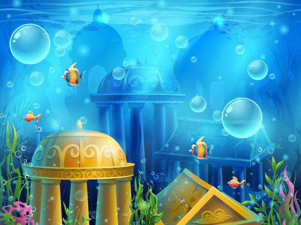 atlantis ruiny-wektor tle ilustracja na etapie skriningu - animal animal themes sea below stock illustrations