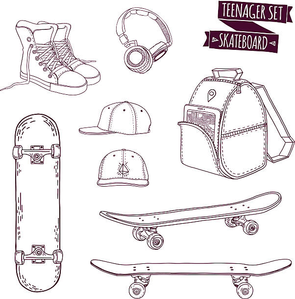 set teenager dinge. street-style. die teenager. alle sportarten skateboarden. - fashion group of objects shoe boot stock-grafiken, -clipart, -cartoons und -symbole