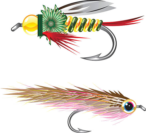 Fishing Flies lures Bug and Minnow Fishing Flies lures Bug and Minnow.. hook equipment stock illustrations