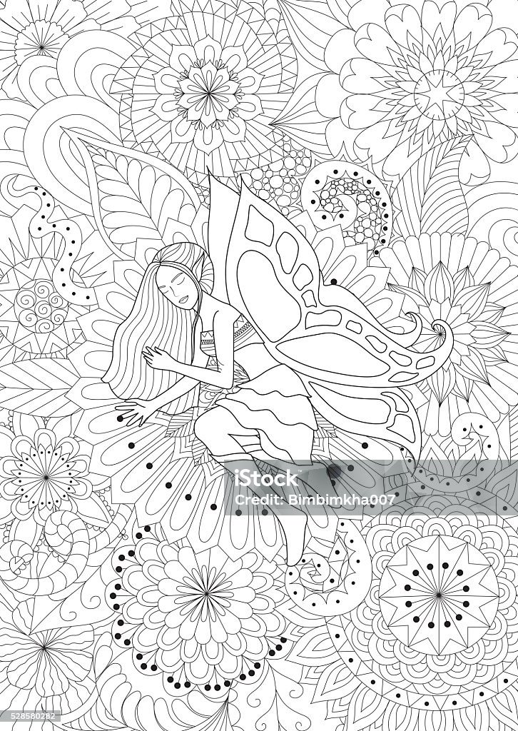 Pretty fairy sleeping on flowers for coloring book for adult Coloring stock vector