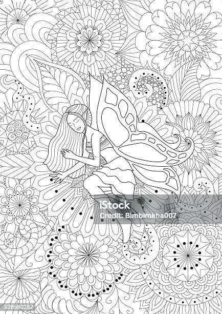 Pretty Fairy Sleeping On Flowers For Coloring Book For Adult Stock Illustration - Download Image Now