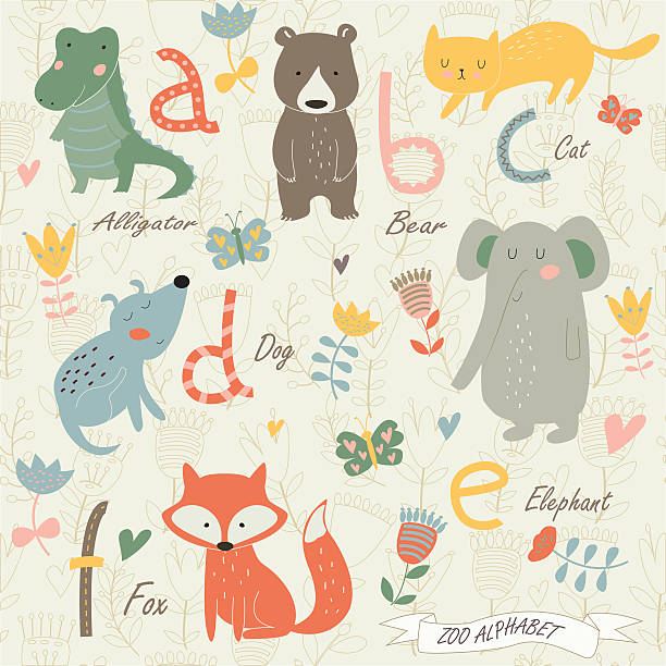 aealphabetpokemon Zoo alphabet with cute animals in cartoon style. A, b, c, d, e, f letters. Alligator, bear, cat, dog, elephant and fox. bedroom patterns stock illustrations
