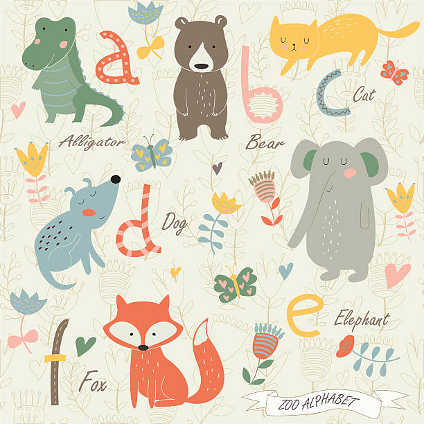 aealphabetpokemon Zoo alphabet with cute animals in cartoon style. A, b, c, d, e, f letters. Alligator, bear, cat, dog, elephant and fox. dog with ribbon stock illustrations