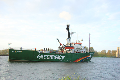 Velsen, The Netherlands - May 9, 2015: Arctic Sunrise on North Sea Canal. Arctic Sunrise is a vessel operated by Greenpeace. It has been involved in various campaigns including anti-whaling campaigns.