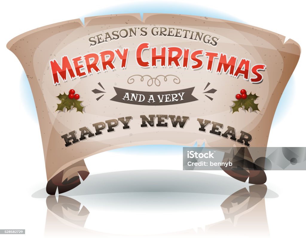 Happy New Year And Merry Christmas On Parchment Scroll Vector illustration of a cartoon season's greetings and happy new year banner on parchment scroll sign, for winter holidays. File is EPS10 and uses multiply transparency and overlay transparency for shadows and glossy effects. Vector eps and high resolution jpeg files included Antique stock vector