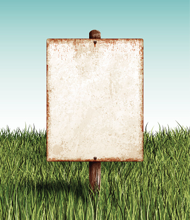 Blank vintage metal sign with copy space standing in the middle of a grass field. Rusty stains, two screws and wooden post. Photorealistic vector illustration. Layered EPS10 file with transparencies and global colors. Individual elements and textures. Related images linked below.