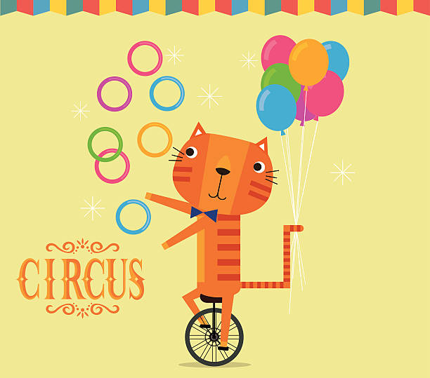 Circus Tiger juggling Tiger juggling with a bicycle circus clown carnival harlequin stock illustrations