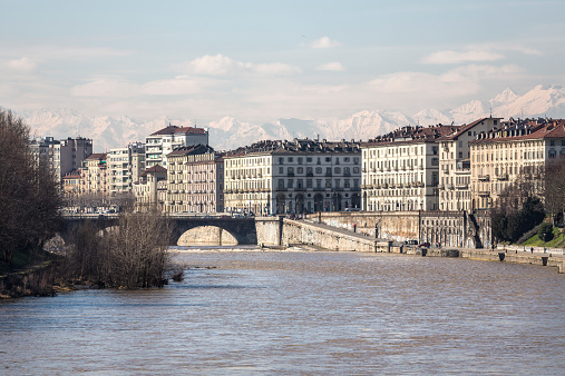 Turin skyline with snowcovered Alps, Piemonte Italy
