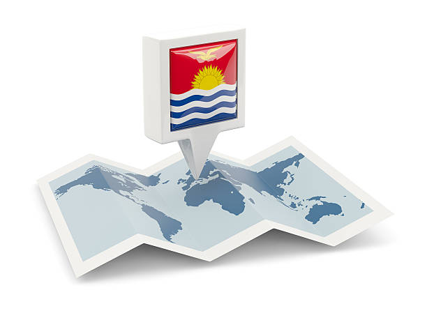 Square pin with flag of kiribati on the map isolated on white