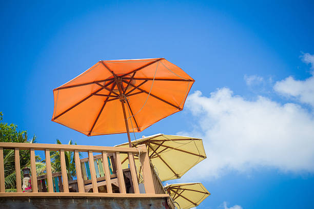 istock Rail fence and umbrellas on the sky background 528585017