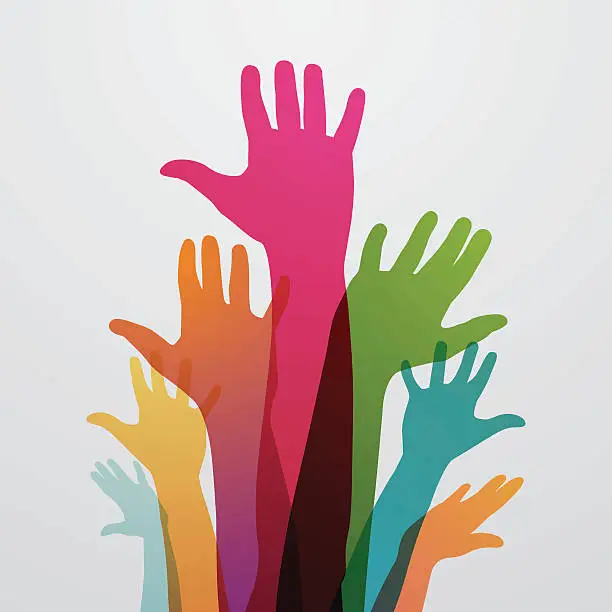 Vector illustration of Raised colourful hands