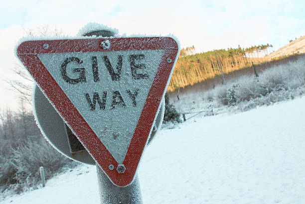istock Frozen give way sign with snowy background 528609224