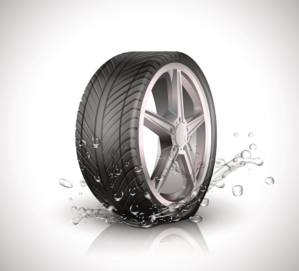 Car wheel with splashing water in motion blur on white background .Vector illustration EPS10