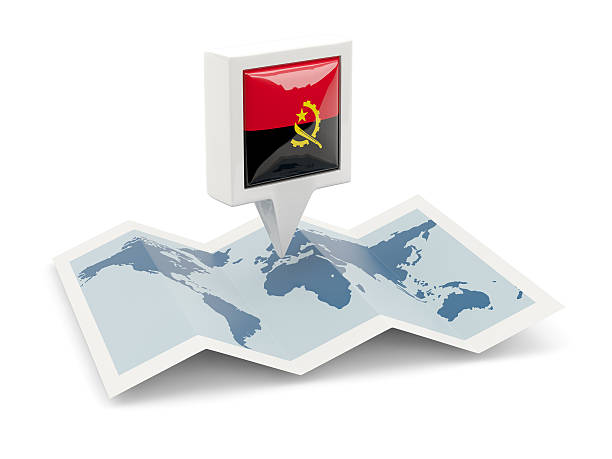 Square pin with flag of angola on the map isolated on white