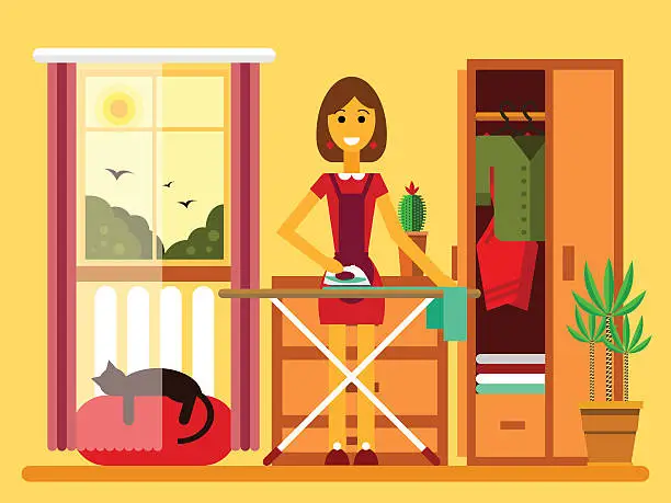 Vector illustration of Illustration of young woman ironing on iron board.