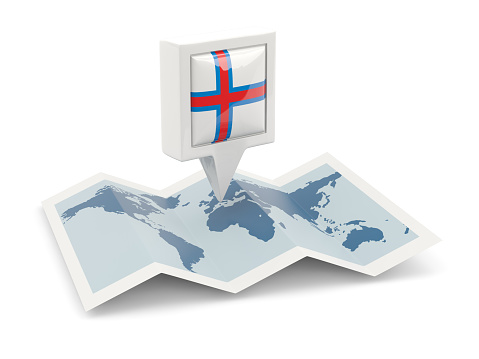 Square pin with flag of faroe islands on the map isolated on white