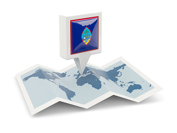 Square pin with flag of guam on the map isolated on white