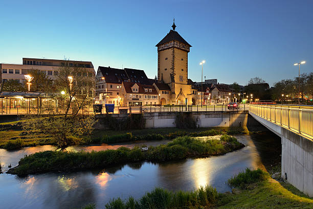 Reutlingen, Germany - Tübingen Gate and town houses at night Reutlingen, Germany - Tübingen Gate and town houses at night reutlingen stock pictures, royalty-free photos & images