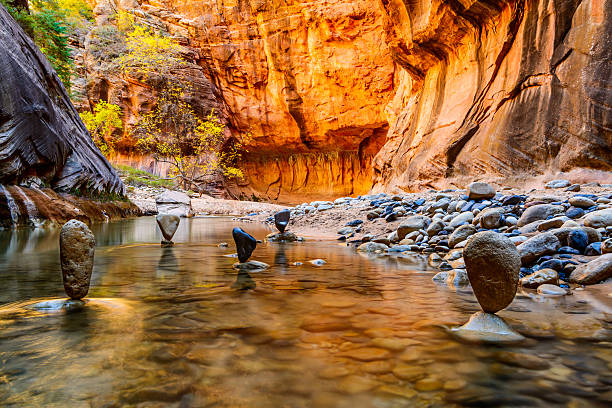 Balanced Stones in The Narrows - Zion National Park Stones balanced in the waters of The Narrows in Zion National Park. Red sandstone background. Tree with yellow leaves. The time of year is Autumn. zion river stock pictures, royalty-free photos & images