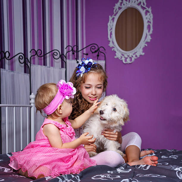 istock Little sisters and puppy 528612423