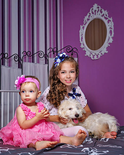 istock Little sisters and puppy 528612429