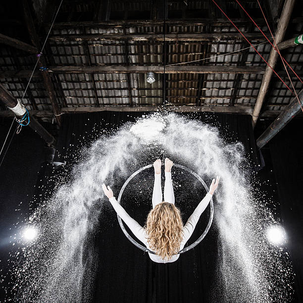 Aerial dancer performance with flour
