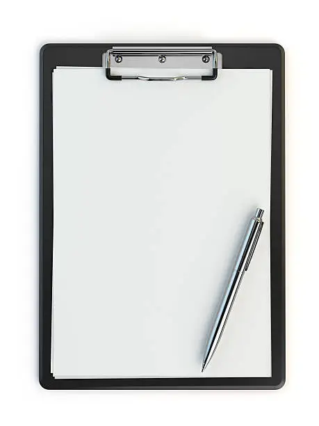 Photo of Clipboard and pen isolated on white with copy space.