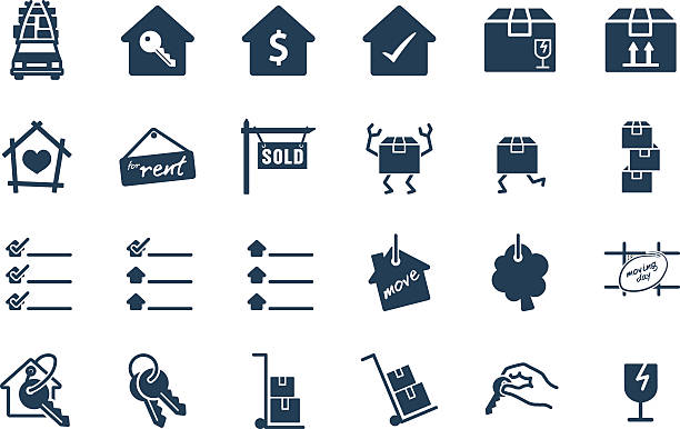 ilustrações de stock, clip art, desenhos animados e ícones de casa mover vector conjunto de ícones de serviço - moving house house action silhouette