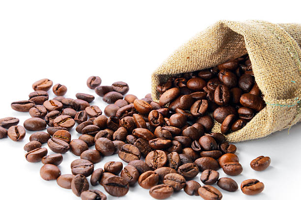 istock Grains of coffee in bags on white background 528619722