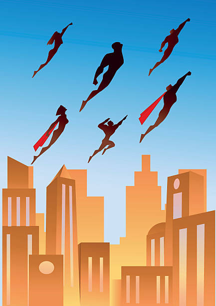 pływające retro zespół superbohaterami - superhero comic book cityscape flying stock illustrations