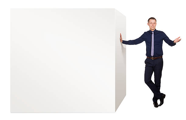 istock Young man explain advantages of this product, on white 528624630