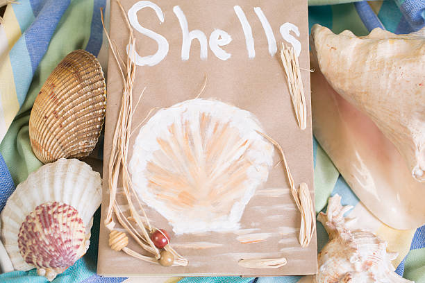 istock Summer vacation.  Paper bag filled with seashells on beach blanket. 528629088