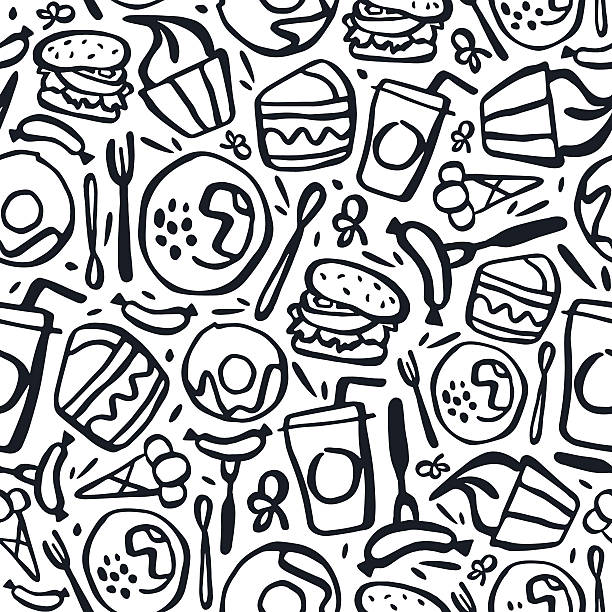Fast food seamless pattern Fast food seamless pattern in brush drawing style. Black print on white background kids room sketch in black and white stock illustrations