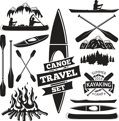 Set of canoe and kayak design elements. Two man in a canoe boat, man in a kayak, boats and oars, mountains, campfire, forest, label. Vector illustration