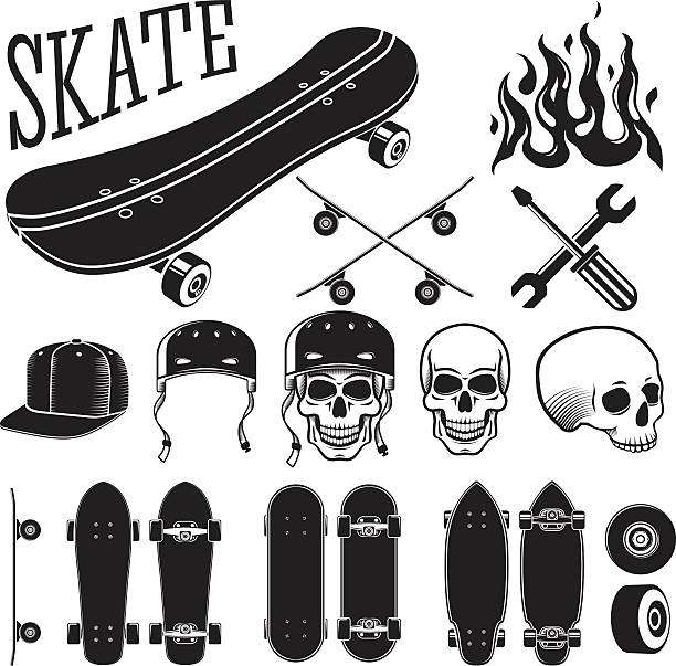 ilustraciones, imágenes clip art, dibujos animados e iconos de stock de vector de conjunto de monopatín elementos de diseño exclusivo. patines y llamas, cráneo - skateboarding skateboard park teenager extreme sports