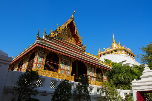 Hall for keeping the Buddhist scripture  in Wat Sraket, Bangkok, Thailand Golden mountain