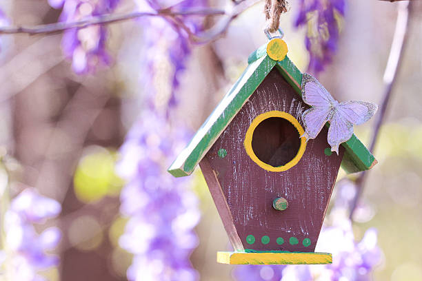 istock Birdhouse hanging from tree with purple flowers 528631948