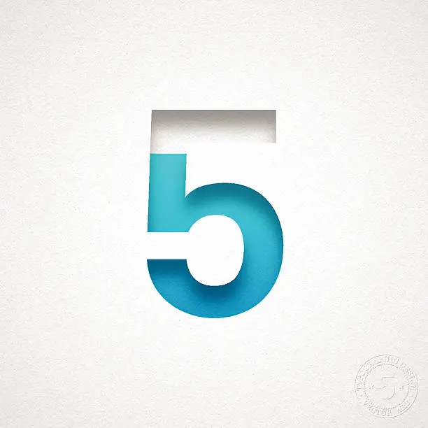 Vector illustration of Number 5 Design (Five) - Blue Number on Watercolor Paper