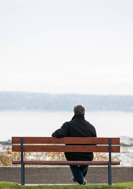 istock Mature man sitting on bench overlooking river. 528633344