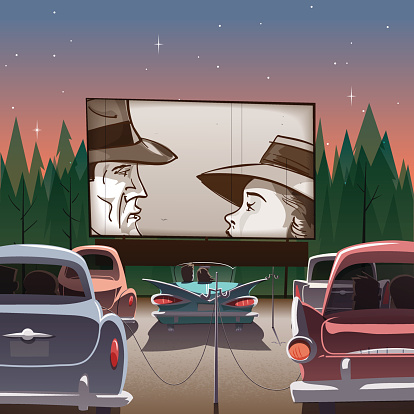 50's era drive-in outdoor theater, classic movie scene featured on a separate layer, global colors.