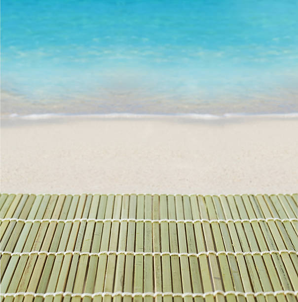 istock Wood, blue ocean and sand background 528637268