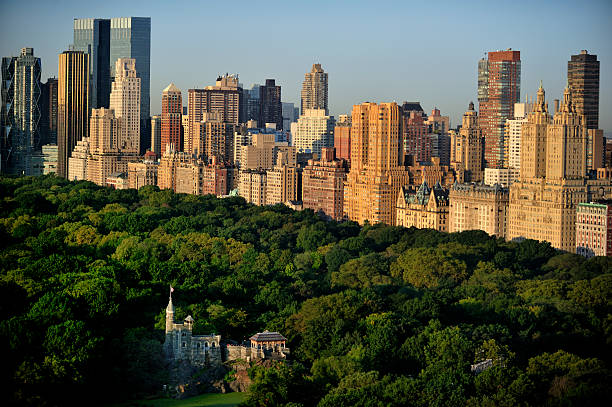 new york manhattan au lever du soleil – vue sur central park - manhattan downtown district architecture built structure photos et images de collection